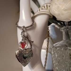 Silver Heart Locket Bag charm Keychain w/ Lavender Accent You Pick Tassel Color